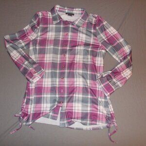 Robert Louis Button front pink & gray Plaid Woman's Top Large